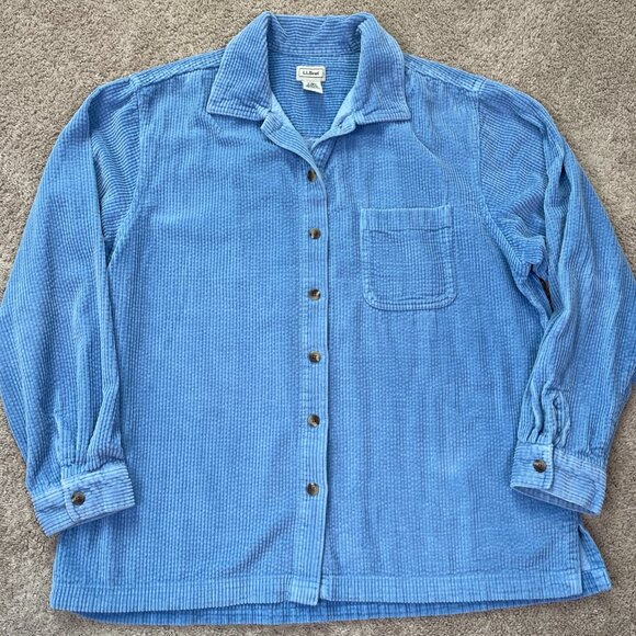 LL Bean Wide Wale Corduroy Shirt Jacket Womens L Blue Button Front Vintage 90s - Picture 1 of 8